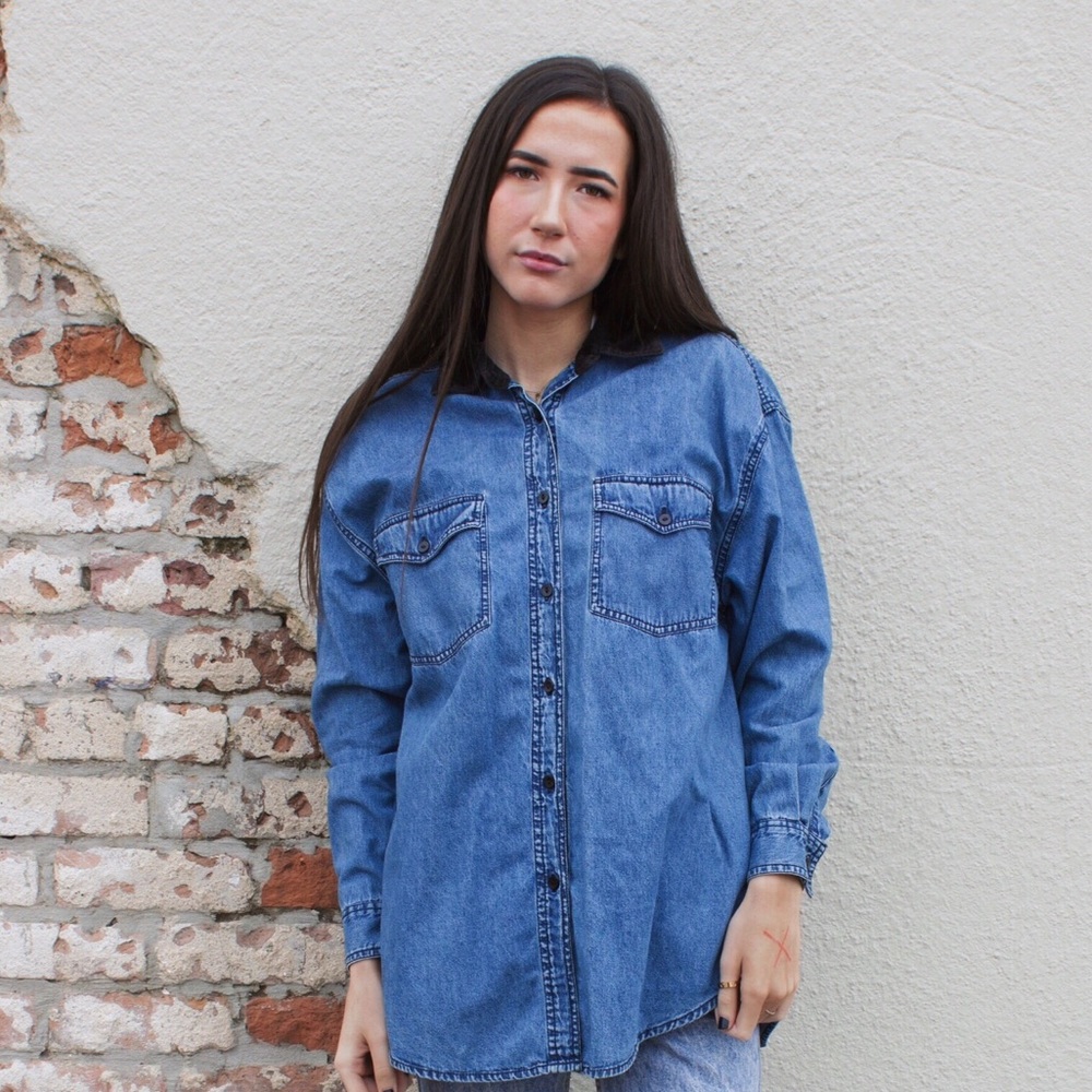Vintage Denim Button Down with Black Velour Collar